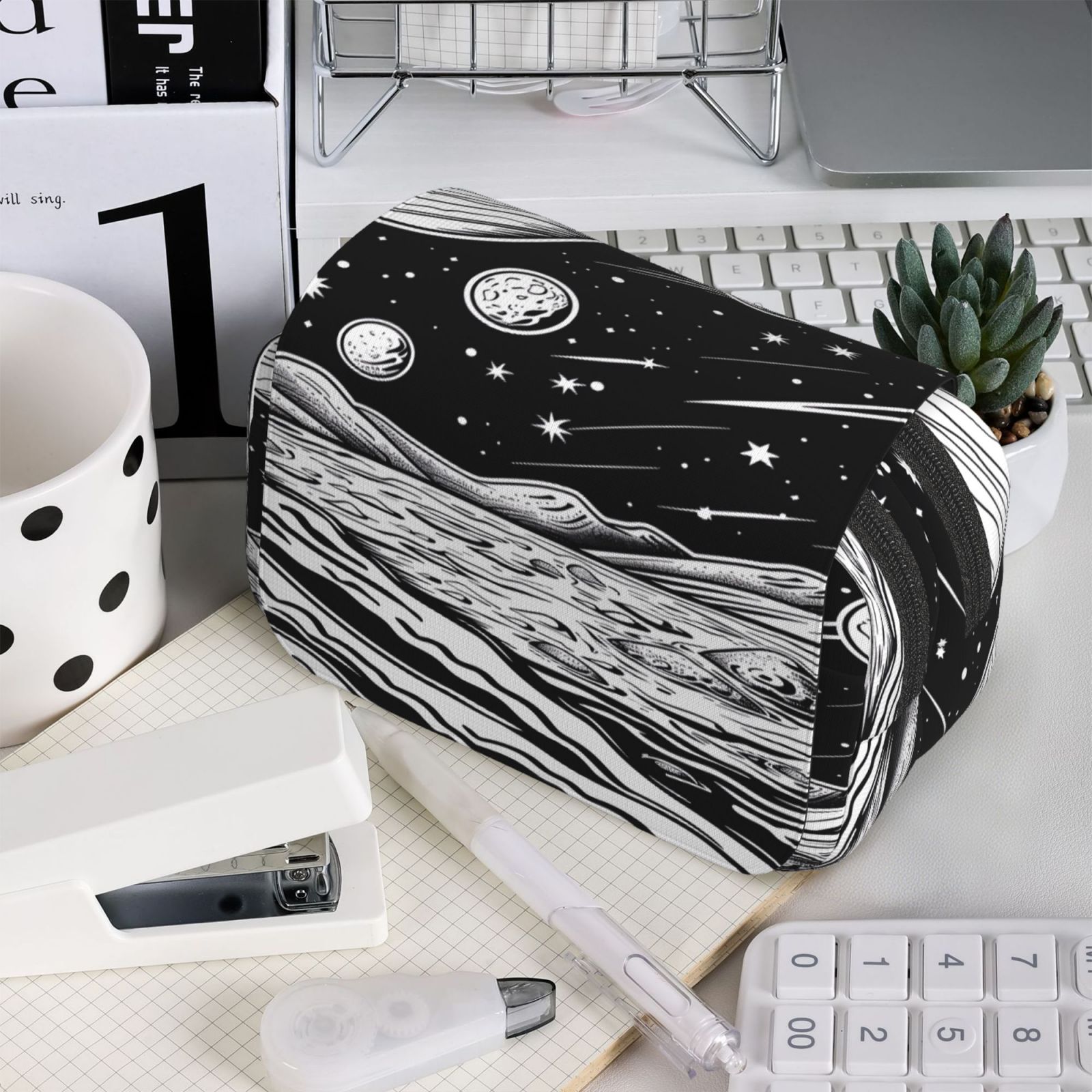 Rateoe Cosmic Landscape Celestial Art Pattern Double Clamshell Pen Case, Storage Organizer with Two Zipper Compartments– Holds Up to 50 Pencils & Pens