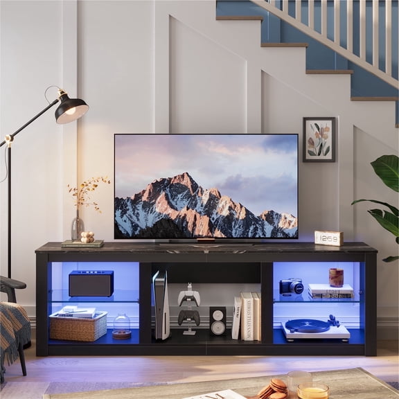 Bestier 70" LED Gaming TV Stand for 65/70/75 inch TVs, Entertainment Center with RGB Lights, Fireplace Space, Tempered Glass Shelves & PS5 Storage, Black