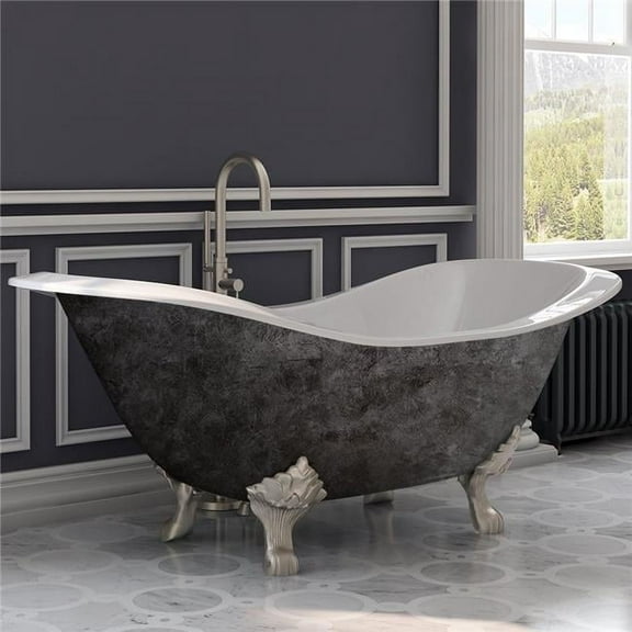 Cambridge Plumbing DES-NH-BN-SP 71 in. Scorched Platinum Cast Iron Double Slipper Tub, Brushed Nickel Lions Paw Feet, No Faucet Holes