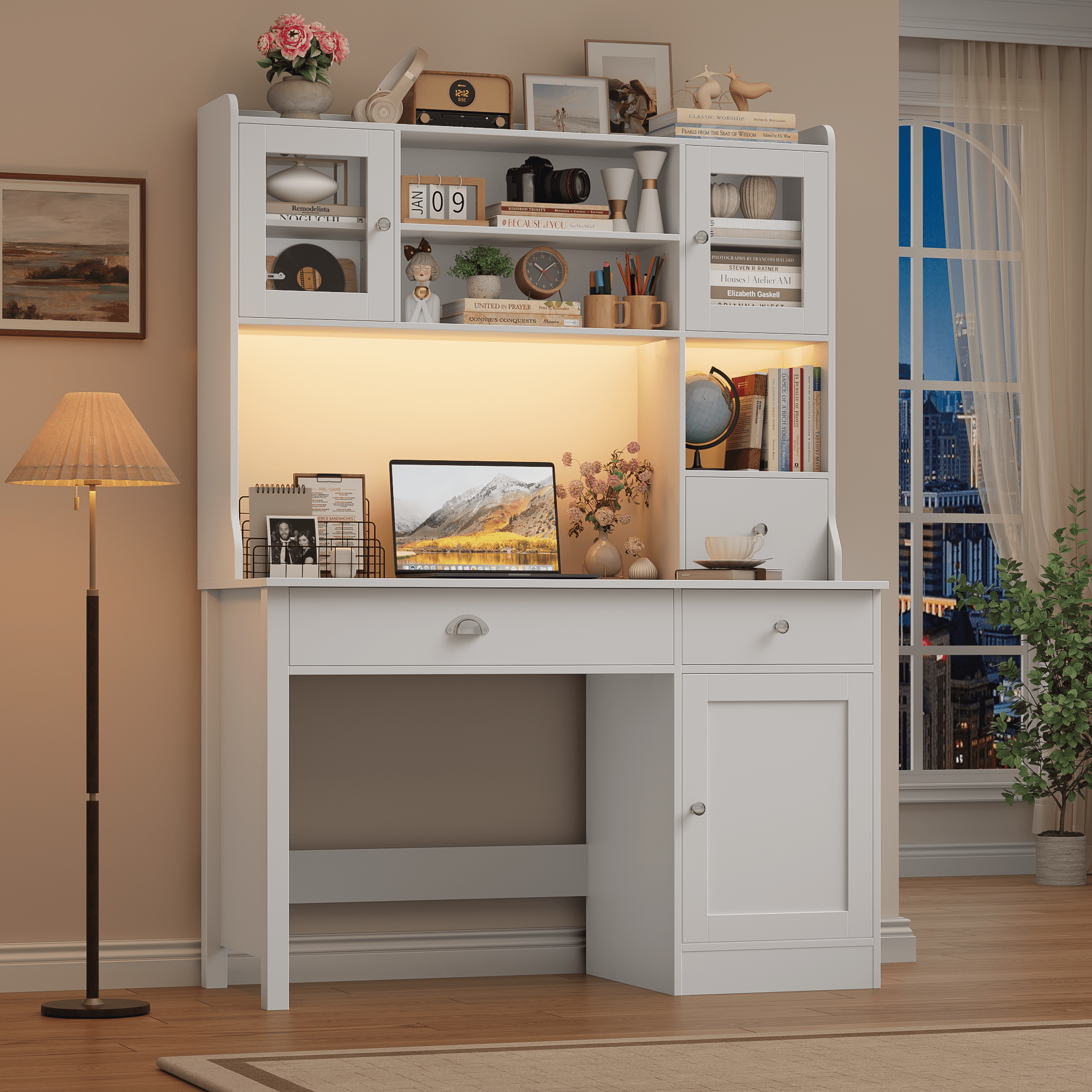 Homfa Executive Desk with Hutch & Power Outlets & LED Lights, Wood Writing Study Table, Home Office Computer Desk with Adjustable Shelves and Drawers, White