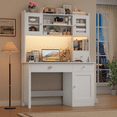 thumbnail image 3 of Homfa Executive Desk with Hutch & Power Outlets & LED Lights, Wood Writing Study Table, Home Office Computer Desk with Adjustable Shelves and Drawers, White, 3 of 7
