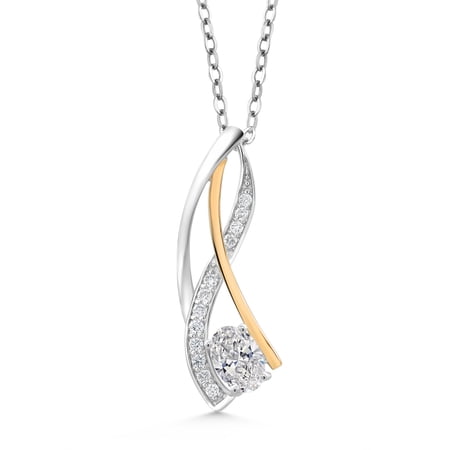 Gem Stone King 925 Silver and 10K Yellow Gold White Lab Grown Diamond Pendant Necklace for Women | 0.48 Cttw | Gemstone April Birthstone | Oval 6X4MM | With 18 inch Chain