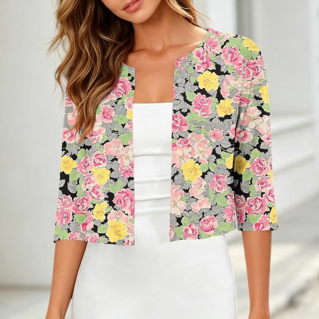 Neewe Fashion Print 3/4 Length Sleeve Womens Cardigan Summer 2026 Fashion Trendy Boat Crew Neck Work Dressy Casual Blouses