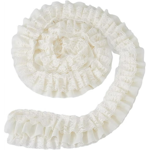 2 Yards 3-Layer Polyester Sewing Lace White Ruffle Lace Pleated Trim 4-5 inch Wide Gathered Mesh Chiffon Ribbon for Dress Making Sewing Craft Decoration Floral White 2yards