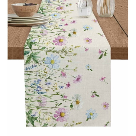

Flower Floral Table Runner Blue Pink Daisy Botanical Countryside Tablerunners 13 x 48 Inch Table Decorations Tabletop Scarf for Summer Gathering Holiday Farmhouse Kitchen Dining Decor