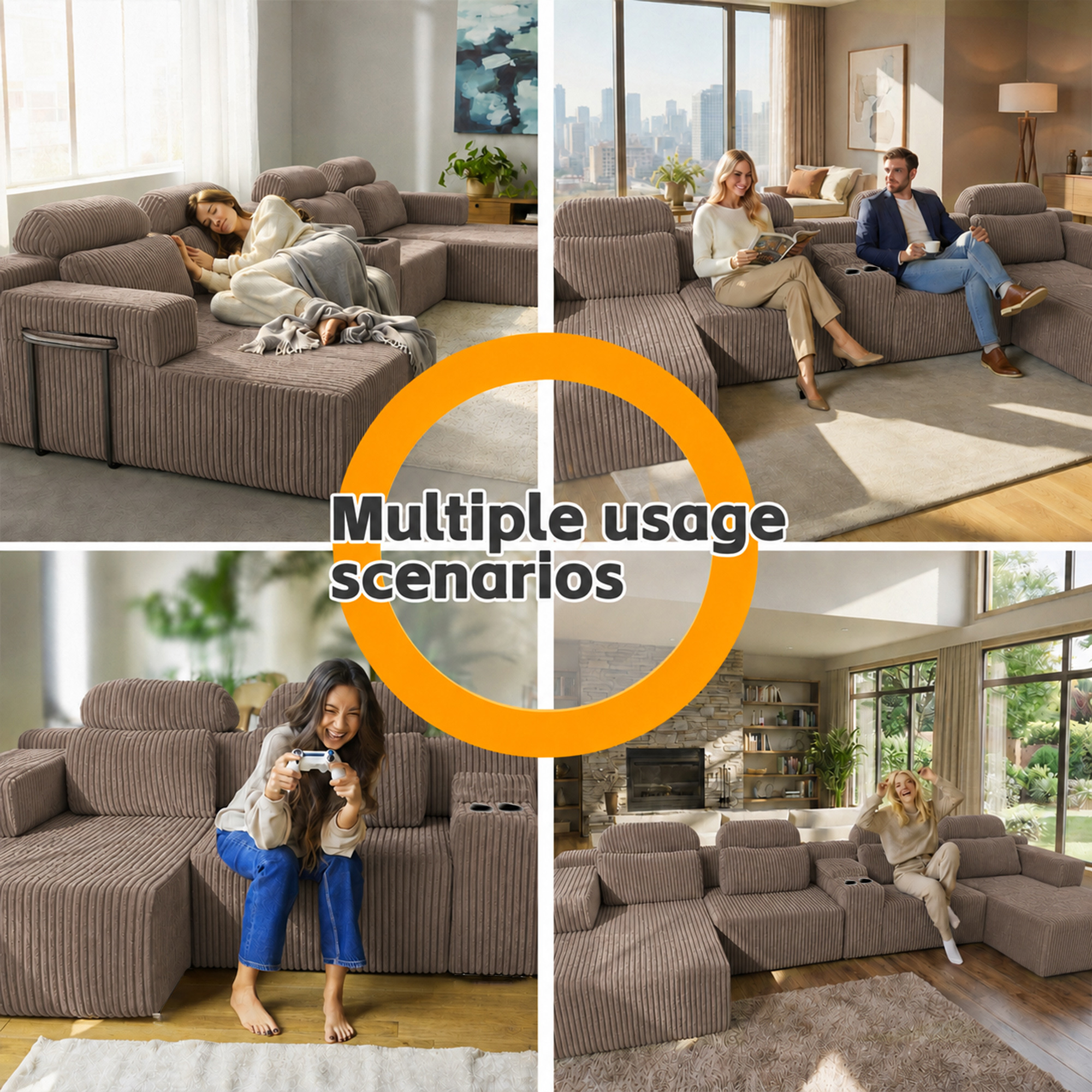 Leumius 145.7" U-Shaped Corduroy Sectional Sofa with Chaise,Cup Holders & Storage,Modern Modular 6-Seater Sofa Couch for Living Room,Coffee