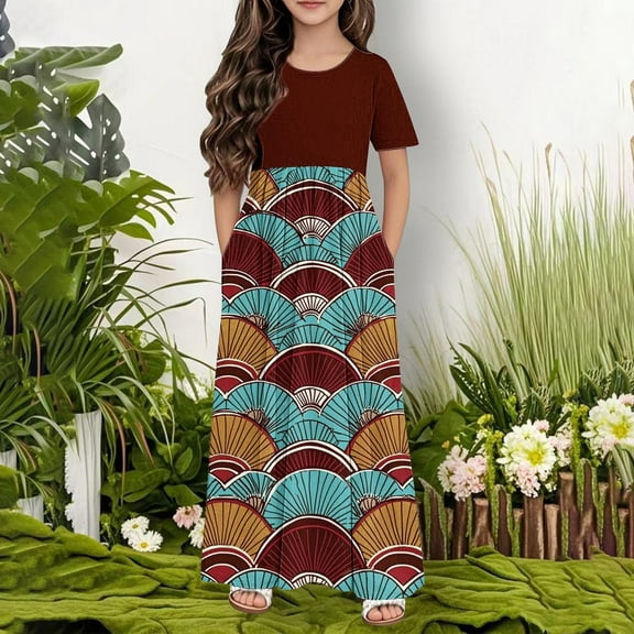 Riecok Girls Retro Print Short Sleeve Summer Casual Long Dress for Tween Big Kids (4-14 Years) Round Neck with Pockets Comfortable Outfit Brown 13 Years