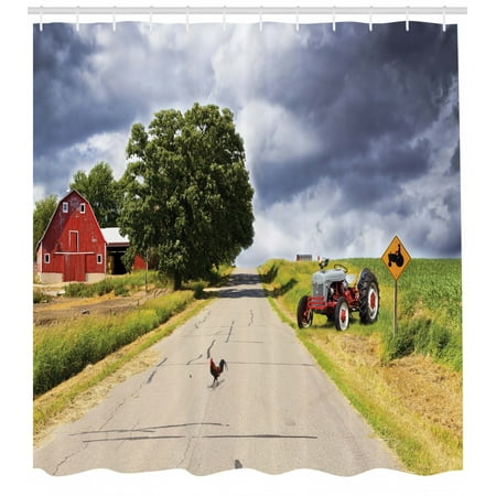 Pottery Barn Bathroom Colors Rural Shower Curtain, Farmhouse on the Country Road with Barn and Tractor on Side in Stormy Day Picture, Fabric Bathroom Set with Hooks, Multicolor, by Ambesonne ()