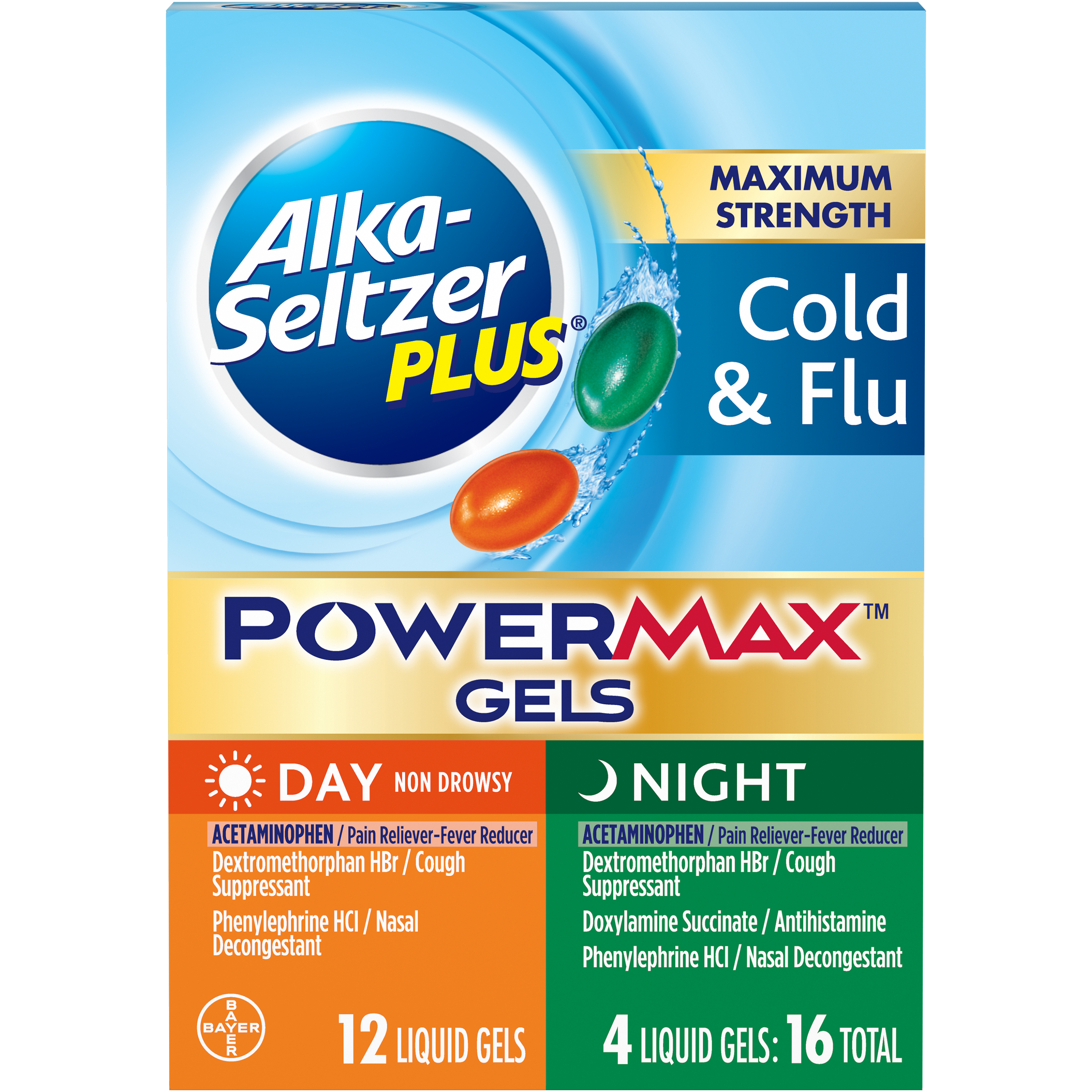 Alka Seltzer Plus Maximum Strength Powermax Cold Flu Day Night Liquid Gels 16 Ct Walmart Com Walmart Com