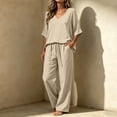 thumbnail image 2 of Floleo Women Solid V-Neck 3/4 Sleeve High-Low Faux Linen Top Drawstring Waist Wide Leg Pants 2 Piece Loungewear Set, 2 of 7