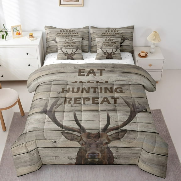 Erosebridal Brown Hunting Deer Bedding Sets Twin Size,Wild Life Animal Comforter Sets with Sheets,Gray Old Barn Door Bed in a Bag Twin Size,Super Cozy Room Decoration,7-Piece