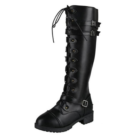 

Keen-High Boots for Women Women s Ladies Lace Up Squared Toe Buckle Decor Zipper Thigh Boots Shoes PU Dress Sandals for Women Black