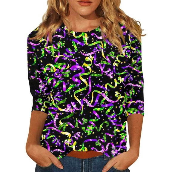 Womens Mardi Gras Top 3/4 Sleeve Carnival Shirt, Soft Crew Neck Tee for 2026 Carnival Outfit