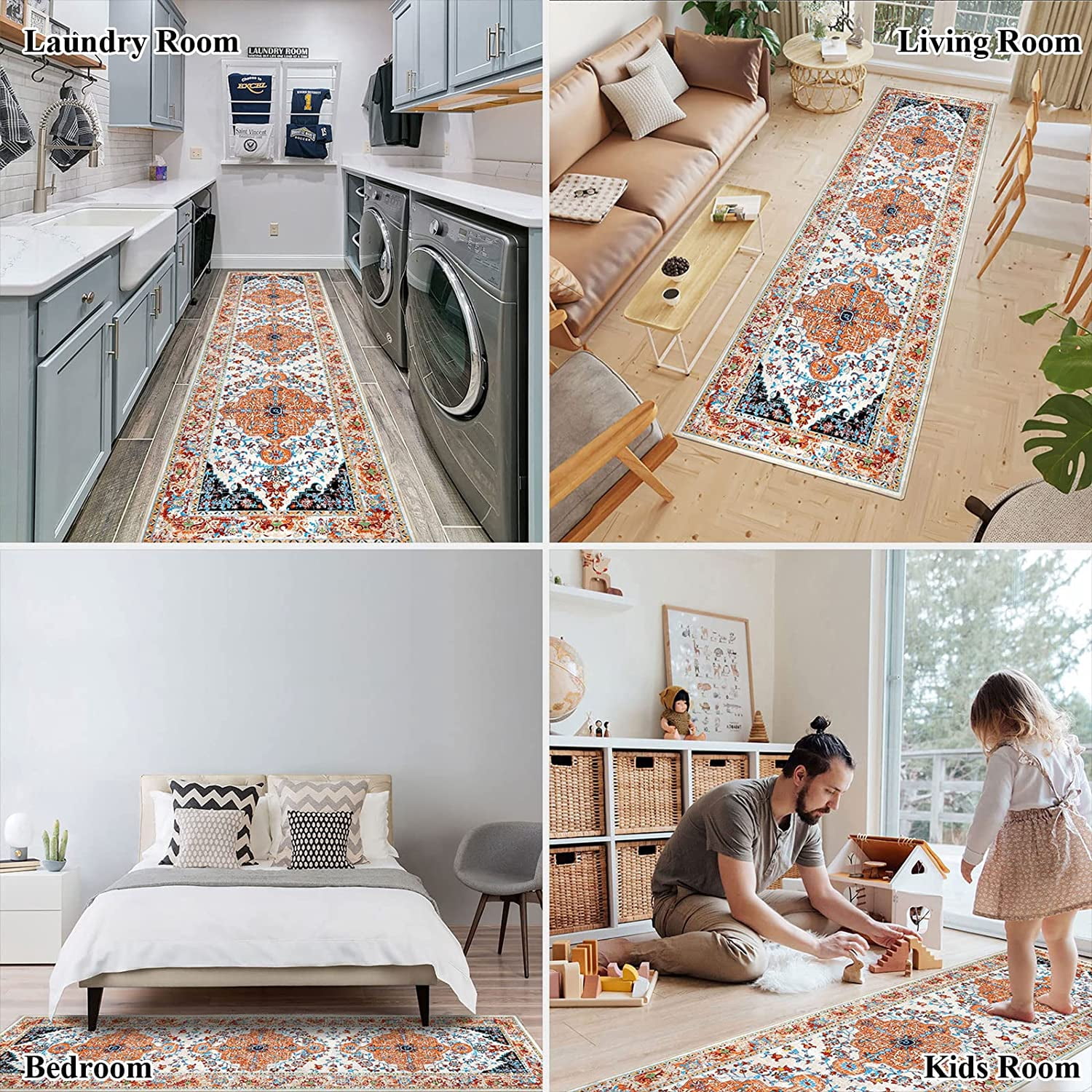 Findosom 2'x8' Vintage Boho Runner Rug Washable Non-slip Area Rug,Hallway Indoor Farmhouse Bedroom Kitchen Living Room Non Shedding Runner, Contemporary Low Plie Floor Carpet Doormat,Orange