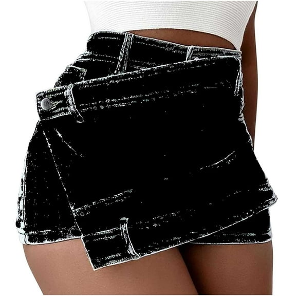 JNGSA Women's Mini Denim Skirts Short Jean Skirt High Waist Irregular Slimming Denim Culottes With Shorts Skirt Summer Trendy Black