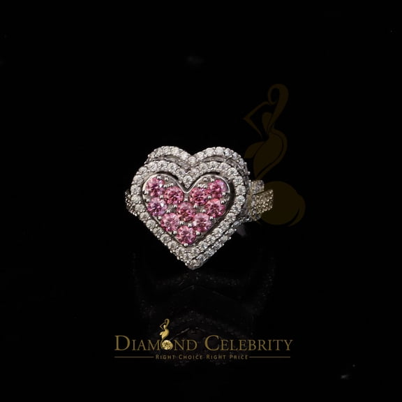 Diamond Celebrity's New 5.00CT Women's Pink & White 3D Heart Moissanite Ring VVS 'D' 925 Silver Sz7