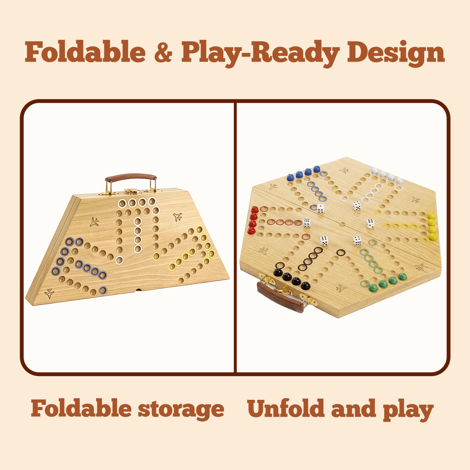 Grhonior Folding Wooden Wahoo Aggravation Marble Board Game Set Classic 6 Player with Integrated Accessory Storage 1 Pack Large 21 Inch