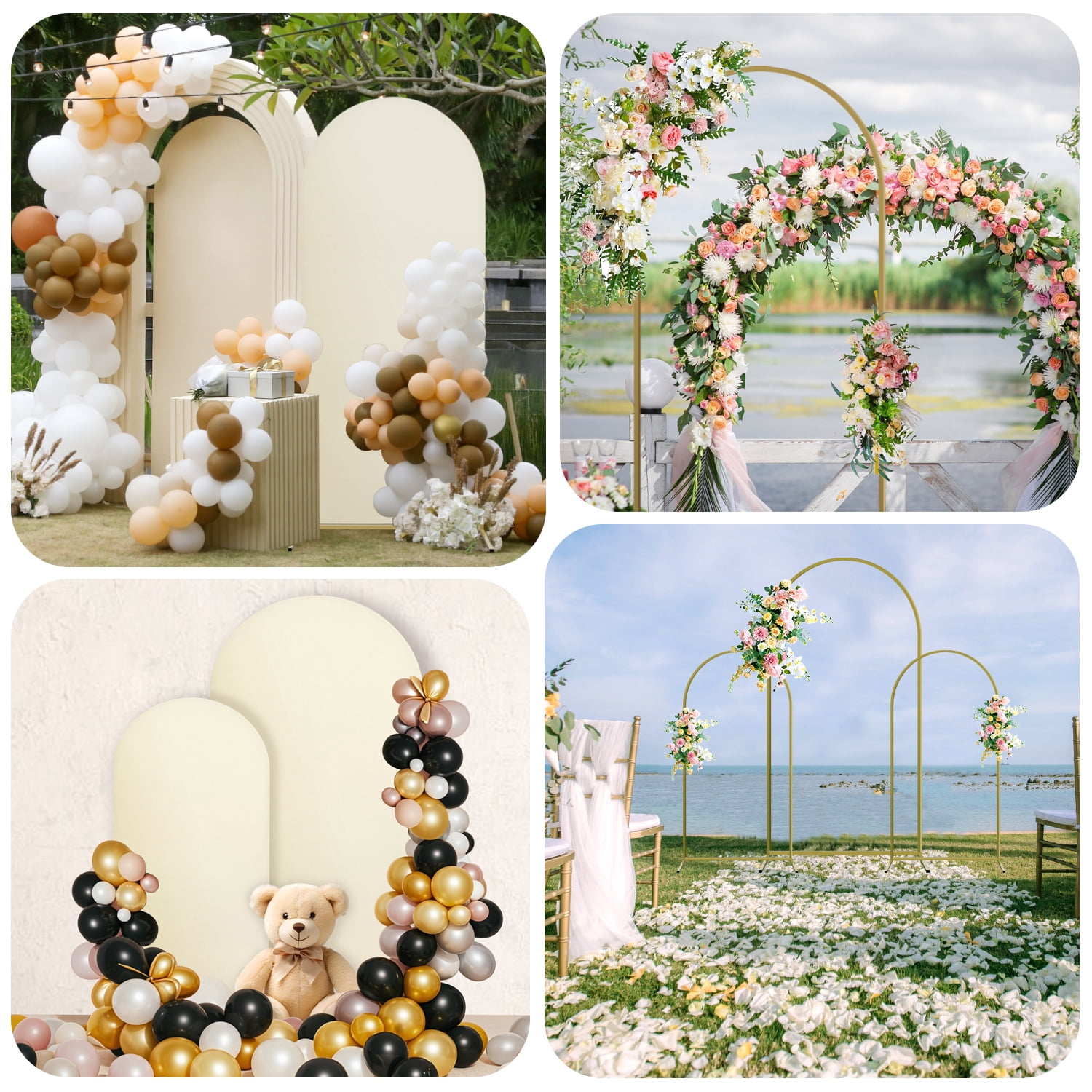 Sunifier Arch Backdrop Stand and Cover Set, 2 Metal Balloon Arch Backdrop 7.2ft 6ft, Gold Arched Stand Frame for Wedding, Parties,Birthday,Decorations (Beige,7.2ft+6ft)