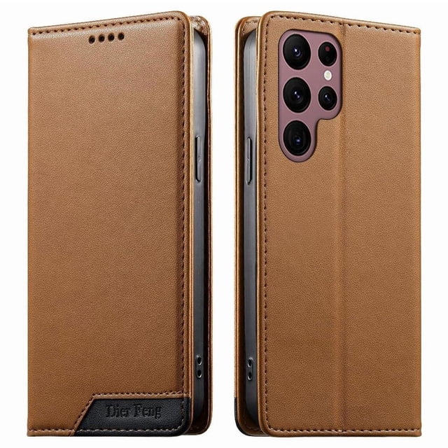 Funda Tipo Cartera de Cuero Sintético para Samsung Galaxy S22 Ultra Bloqueo RFID, con Ranuras para Tarjetas y Bolsillo para Efectivo, Cierre Magnético Fuerte Marrón