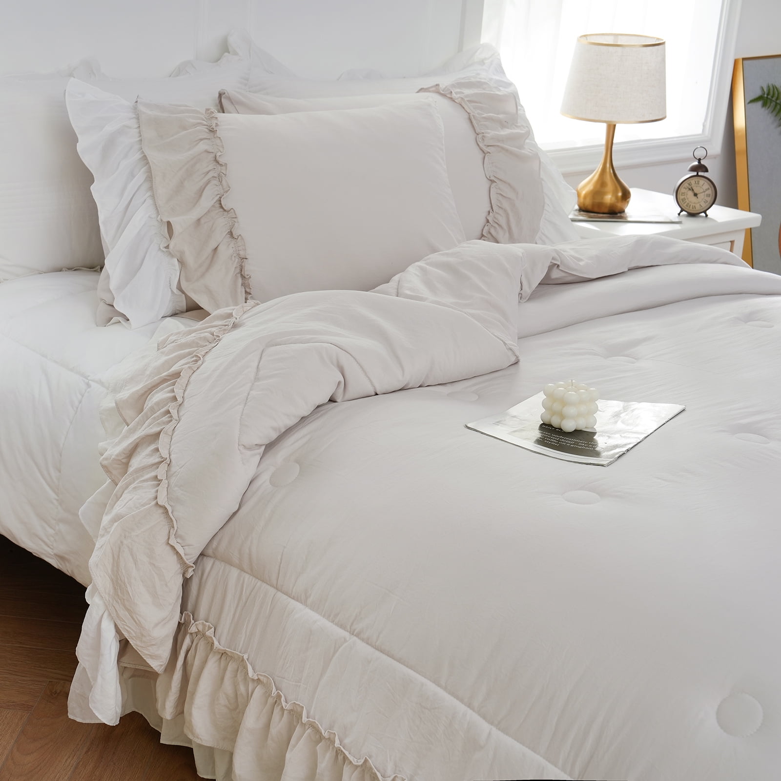 Move Over Beige Grey Ruffle Comforter Set Queen Boho Bedding Sets 2 Layers Beige White Long Ruffled Pattern Microfiber Filling Farmhouse Duvet