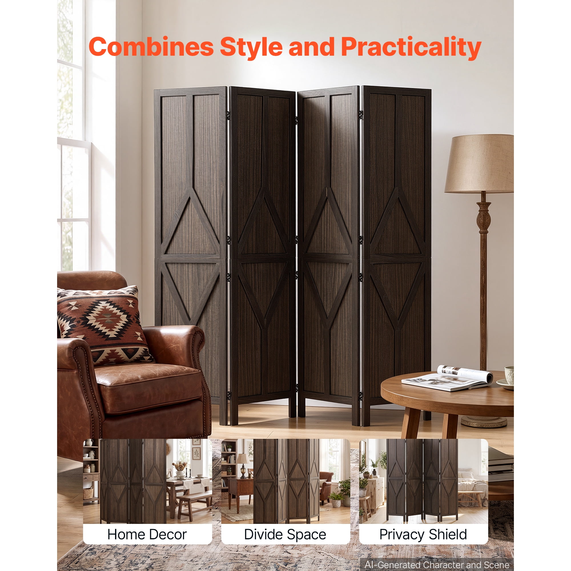 KFFKFF 4-Panel Wooden Room Divider with Y Pattern, Privacy Screen for Home Decor and Space Separation, 67-Inch Height, Sturdy Frame, Two-Way Hinges, Rustic Wooden Partition with Included Hardware