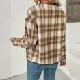 thumbnail image 3 of WRKEKC Modern Plaid Overshirt for Women, Long Sleeve Open Front Shacket with Contrast Check Pattern and Functional Pockets, Casual Street Style Khaki M, 3 of 7