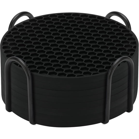8-Pack Black Silicone Coasters with Holder - Non-Slip Heat Resistant Drink Coasters for Table, Multipurpose as Trivet, Can Opener & Pot Holder, BPA-Free