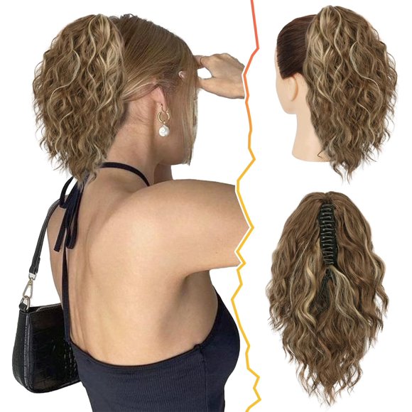 shiyou-Short Highlight Ponytail Extension - 12 Inch Claw Clip Ponytail Extensions for Women, Short Wavy Multi Layered Synthetic Clip in Pony Tail Hairpieces - Medium Brown with Highlights