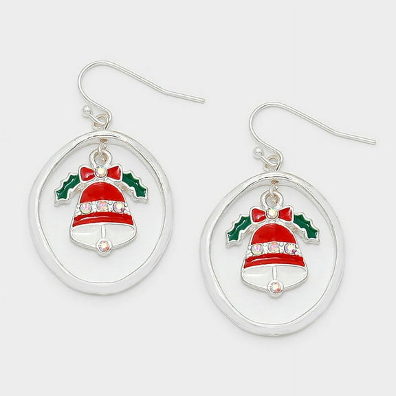Pierced silver hoop red multi colored Christmas bell dangle earrings