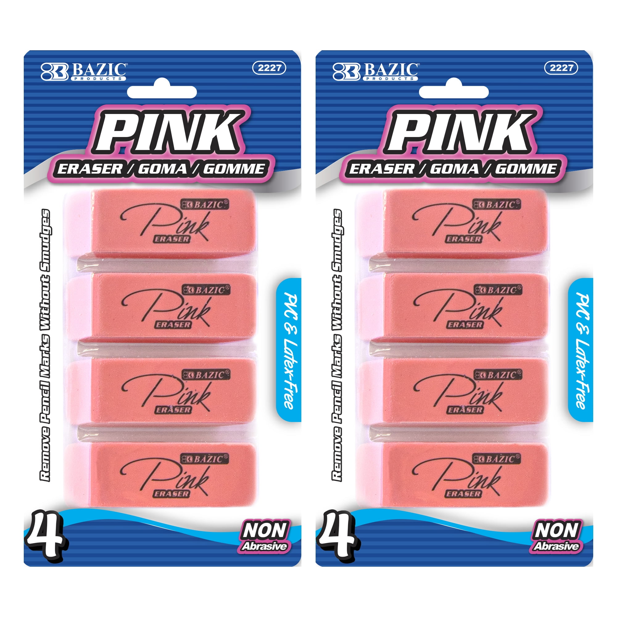 BAZIC Pink Eraser Latex Free Bevel Erasers Block Erasers (4/Pack), 2Packs