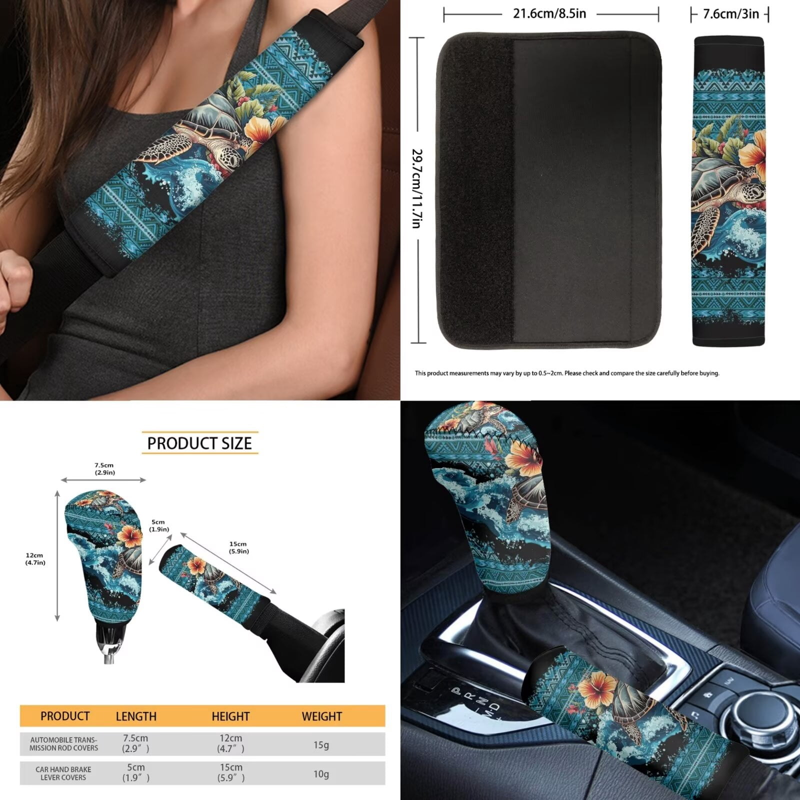 FKELYI Aztec Hibiscus Flower Turtle Print Car Seat Covers Full Set with Steering Wheel Cover Seat Belt Covers Headrest Covers Auto Center Console Pad Gear Shift Knob Sleeve Cup Coasters, 16 Pcs