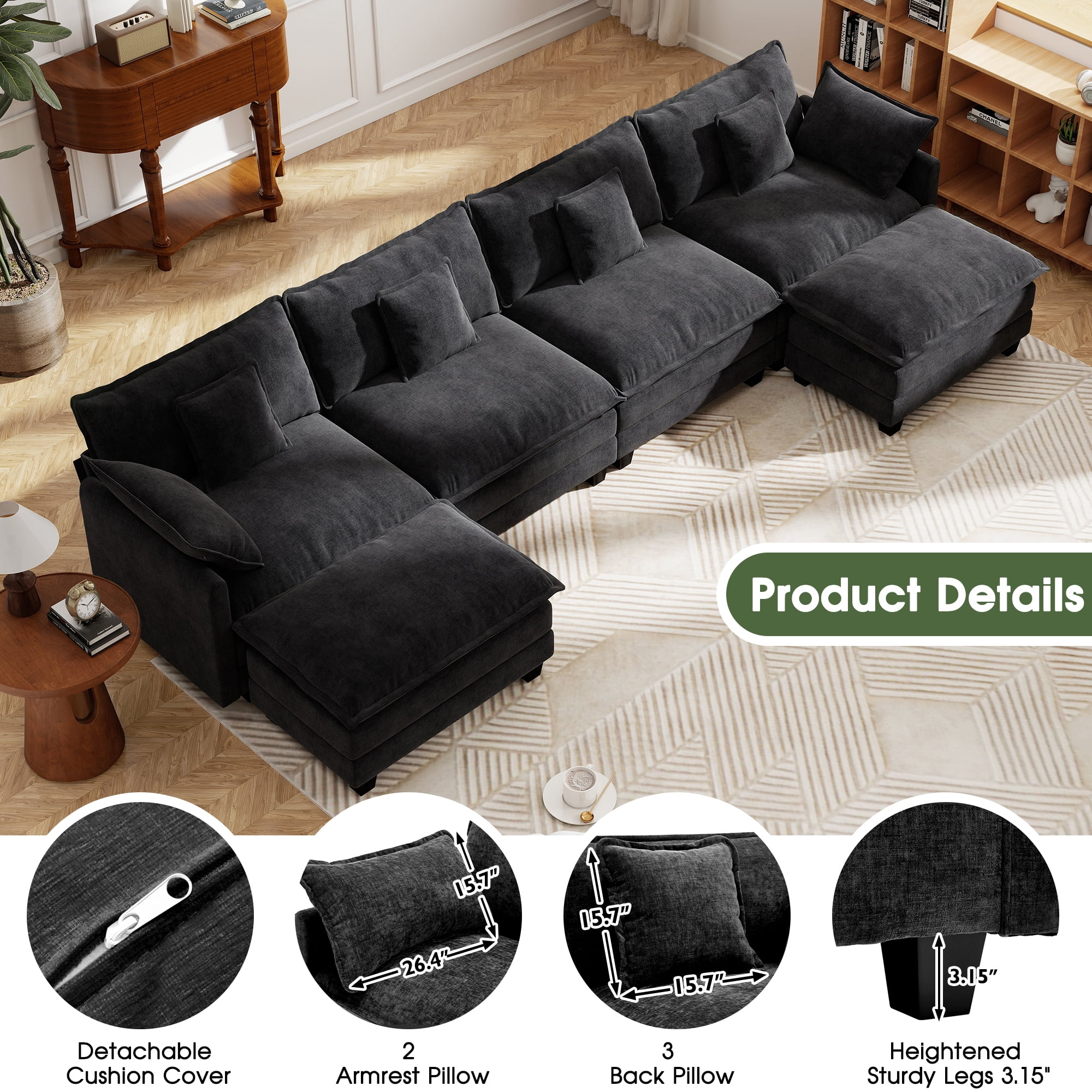 BedLuxury 146.5’’ U shape Modular Sectional Sofa with Movable Ottomans, Modern Chenille Deep Seat Couches for Living Room, Apartment, Office, 4-Seat, Black
