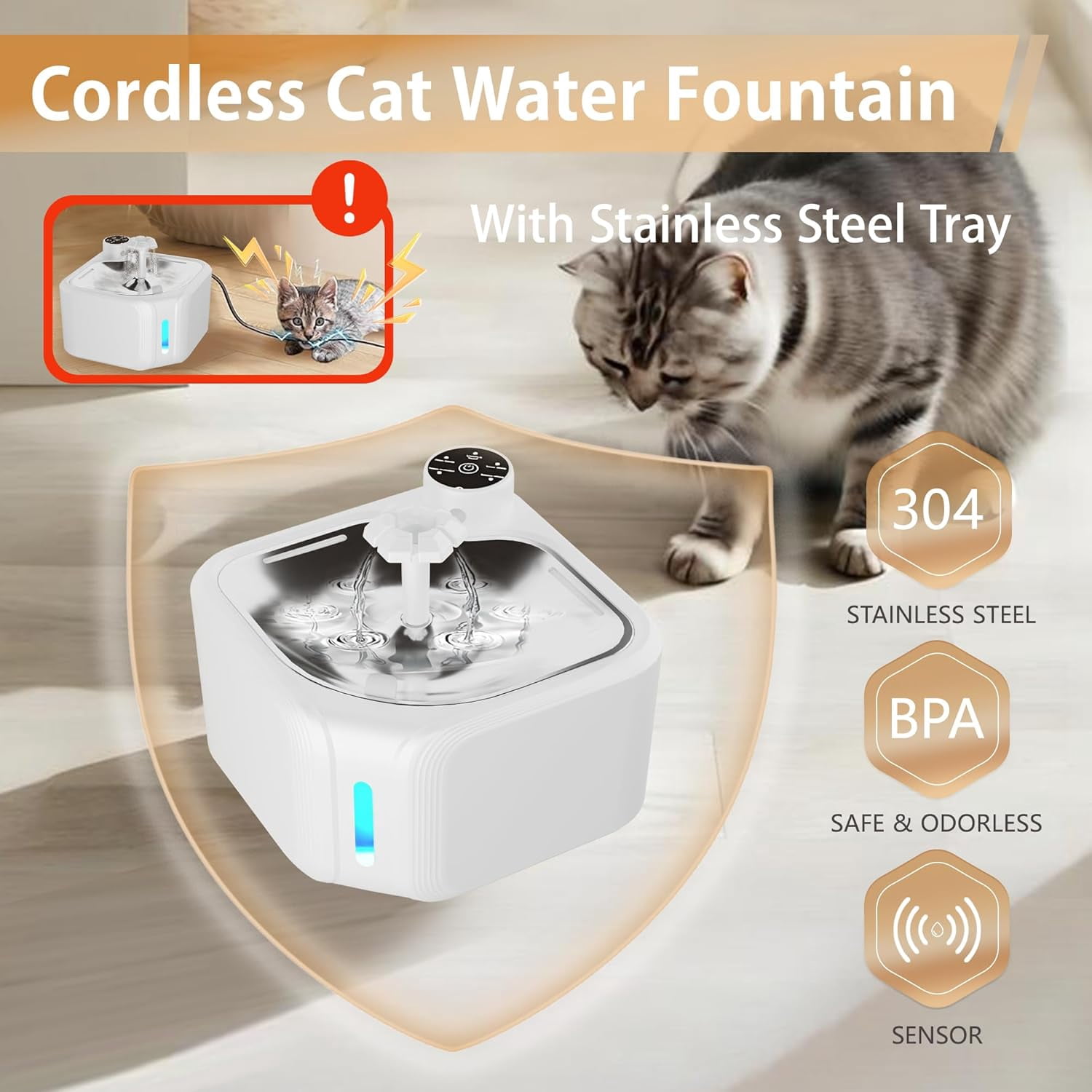 Cordless Cat Water Fountain 95 oz / 2.8 L, Battery Operated Pet Water Fountain with Motion Sensor, Stainless Steel Tray and 4 Filters for Cats and Dogs (White)