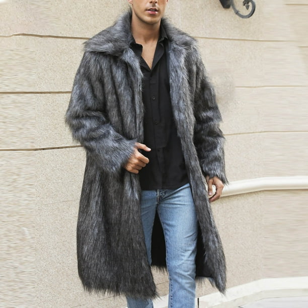 Fartey Plus Size Mens Faux Fur Coat Dressy Casual Lapel Overcoat