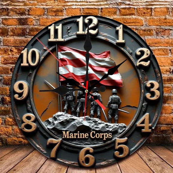 12 Inch Wall Clock, Marine Corps Clock Wooden Round Wall Clocks with Silent Non-Ticking Quartz Movement, Battery Operated, Art Decor Hanging Clock for Kitchen, Bathroom, Bedroom, Living Room