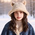 thumbnail image 2 of Ferjadq Kids Fuzzy Fleece Cat Ear Bucket Hat Short Brim Cute Winter Fisherman Cap for Toddler Girls Multi Tone Beige,2-8 Years, 2 of 6