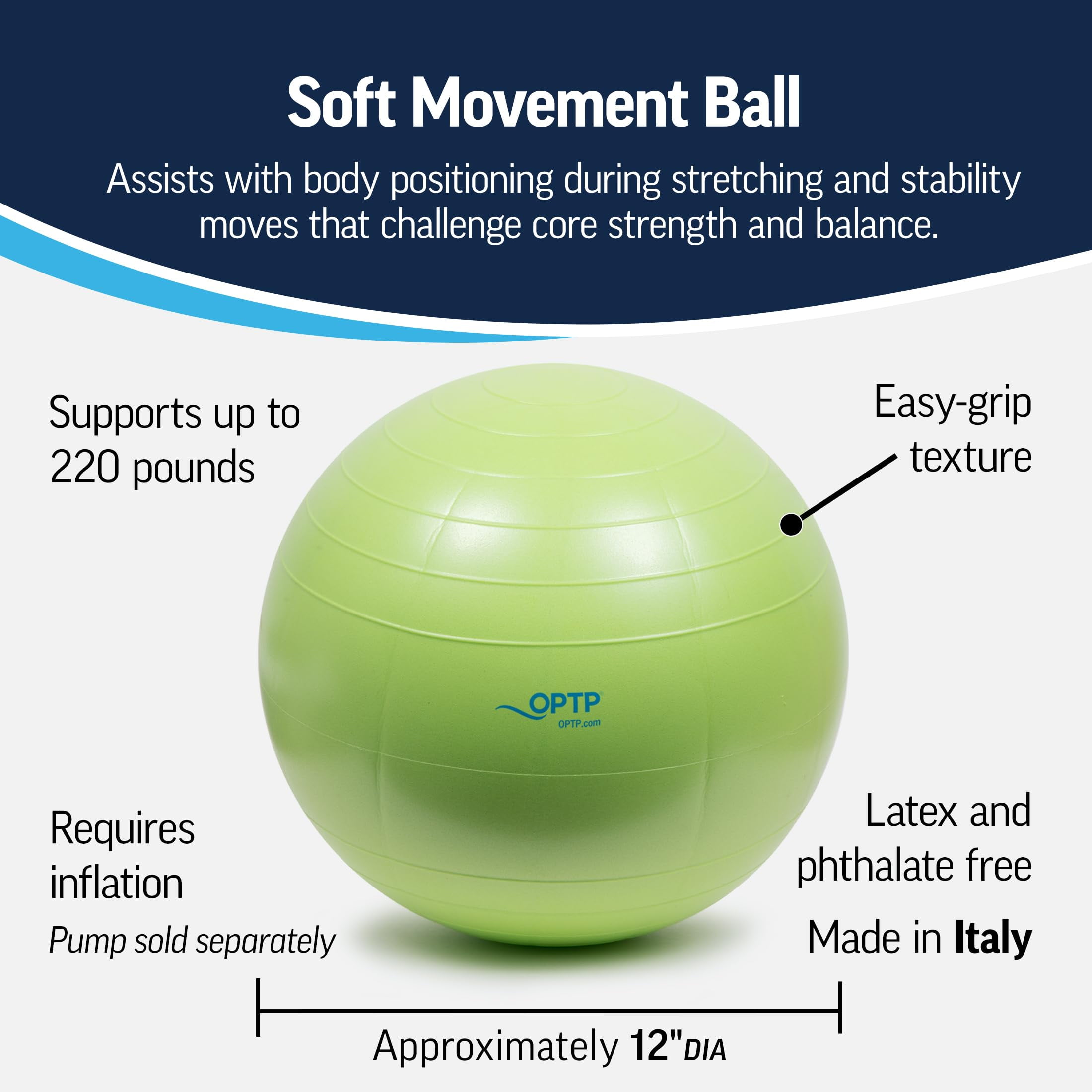OPTP Soft Movement Ball - 12 Inch Exercise and Pilates Ball for Yoga and Core Stability, Soft Inflatable Physical Therapy Ball Features Easy-Grip Texture