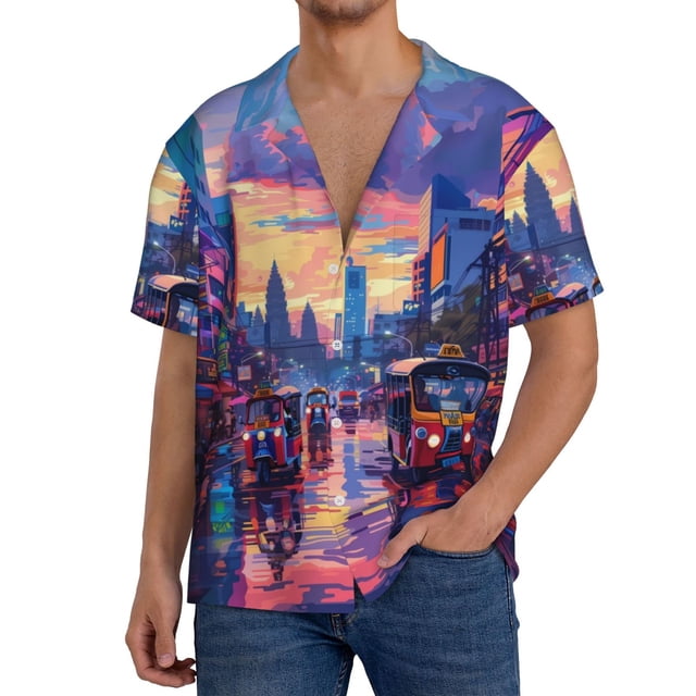 Balery Taxi Colorful Town Camisa Casual de Manga Corta con Botones para Hombre, Texturizada, Estilo Cubano, para Playa, Verano-4X-Large