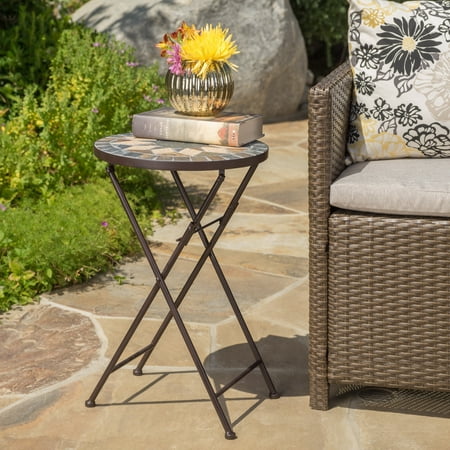 - Owen Outdoor Stone Side Table with Iron Frame, Beige and Black