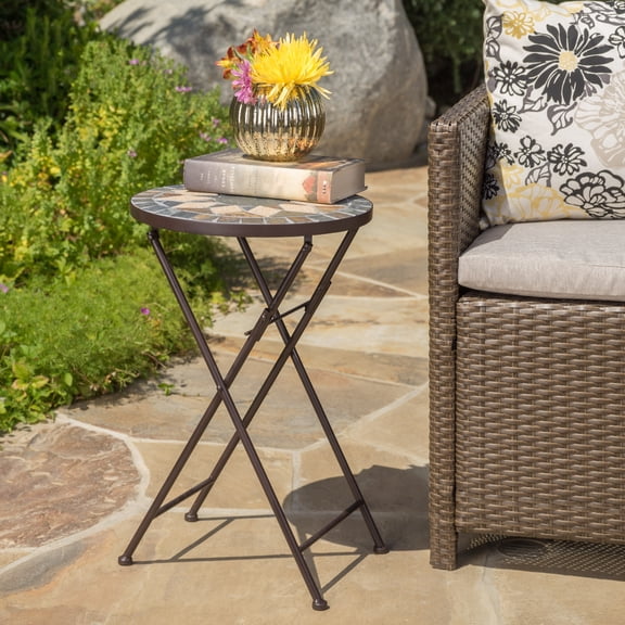 Leumius 14" Folding Side Table with Stone Mosaic Top,Indoor Outdoor Accent Table for Patio/Outdoor