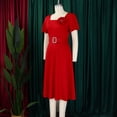 thumbnail image 3 of AURA Plus Size Square Neck A Line Midi Dress High Waist Large Skirt Bell Sleeve Solid Color Belted Dress with Flower, 3 of 9