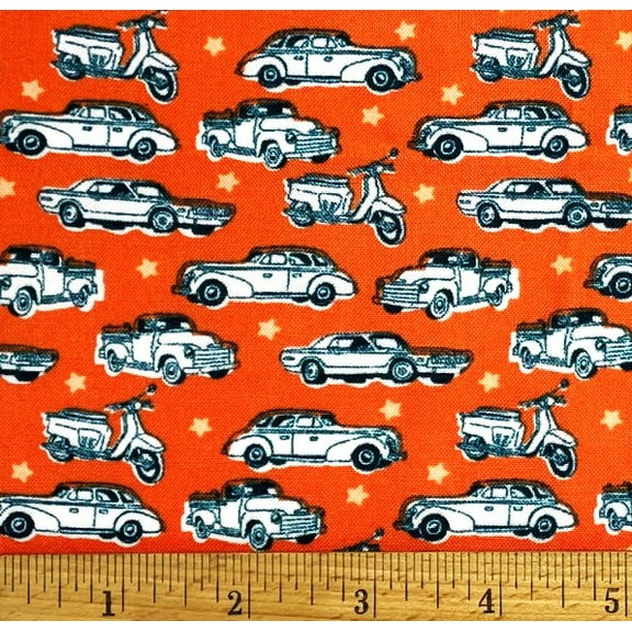 1 Fat Quarter - Classic Cars Trucks & Mopeds on Orange Cotton Fabric - 21" X 18"