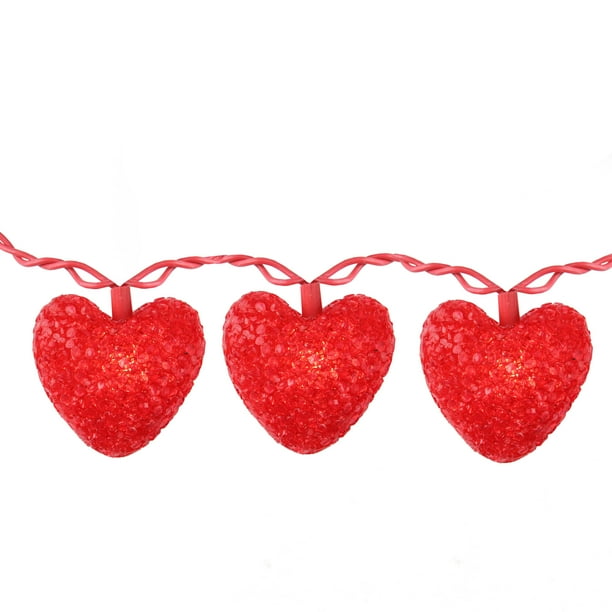 10Count Red Heart Mini Valentine's Day Light Set, 7.5ft Red Wire