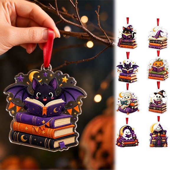 syligr Halloween Ornaments for Tree Decor, Acrylic Reading Theme Hanging Ornament, Spooky Holiday Decor for Window Wall Mantel, 2D Cute Inodoor Home Decor, Halloween Party Gift