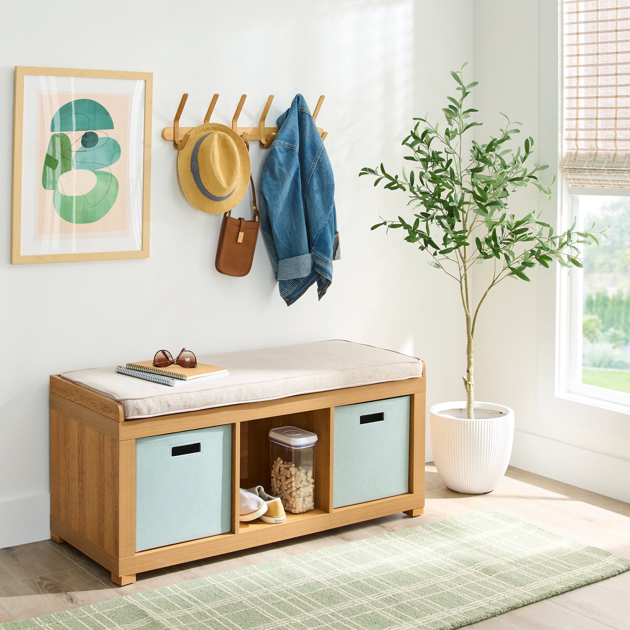 Better Homes & Gardens 3-Cube Storage Bench, Light Honey
