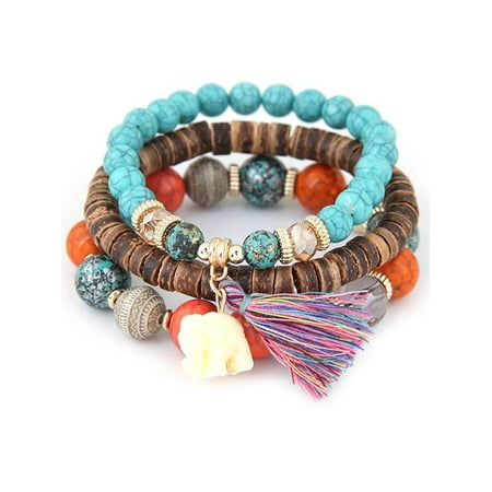 Beaded Elephant - Women Bracelets Wood Beads Bracelets Boho Small Elephant Charm Bracelets Set Jewelry TPBY