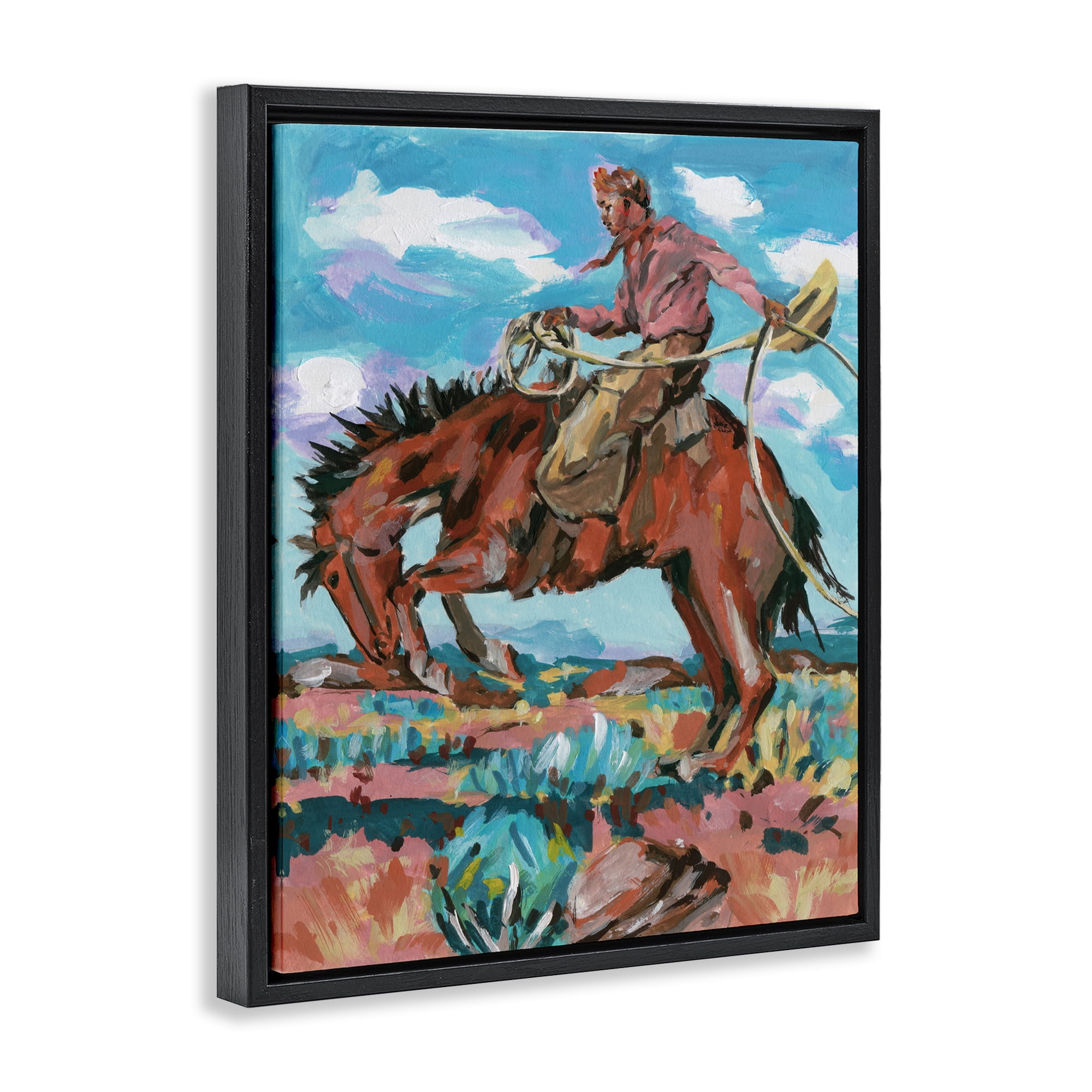 Stupell Industries Lassoing Cowboy Scene Animals Painting Black Floater Framed Canvas Art Print Wall Art, 17 x 21