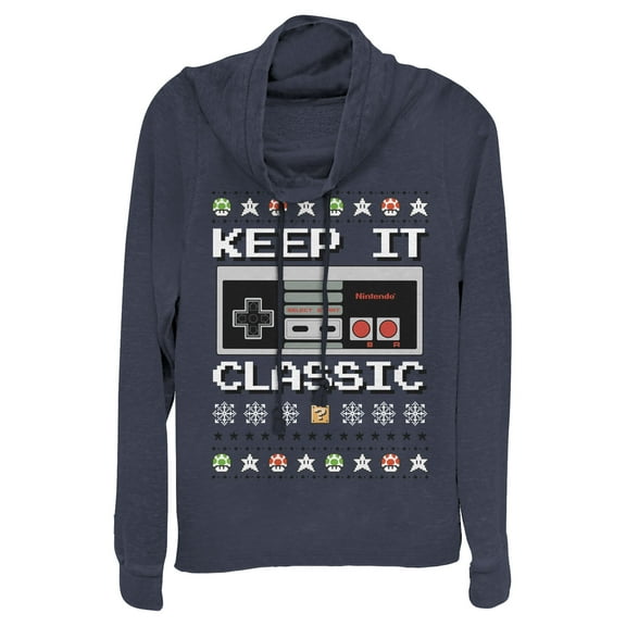 Junior's Nintendo Ugly Christmas NES Classic Controller Cowl Neck Sweatshirt Navy Blue Medium