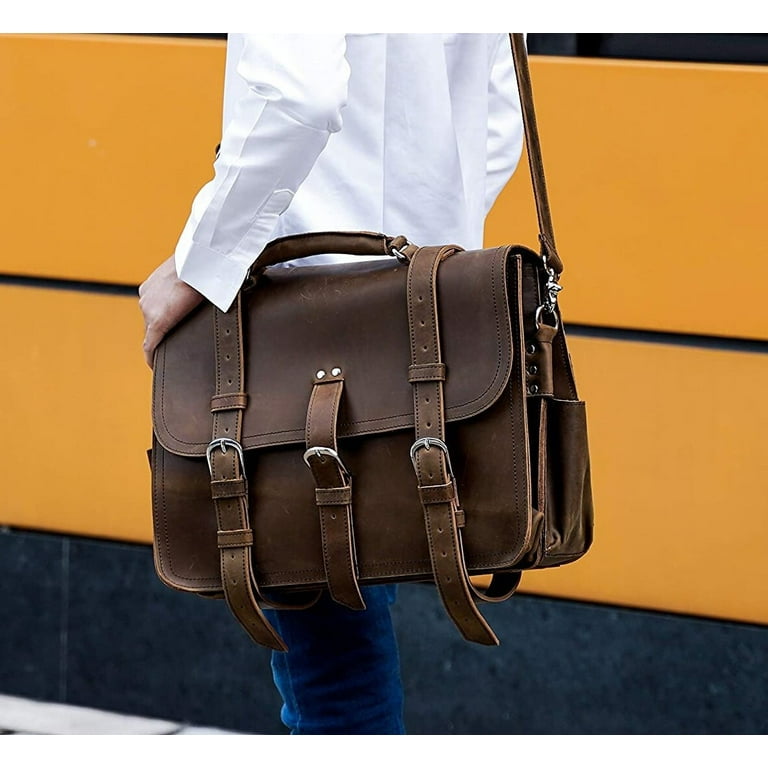 Modern Full Grain Leather Briefcase for Men with Shoulder Strap