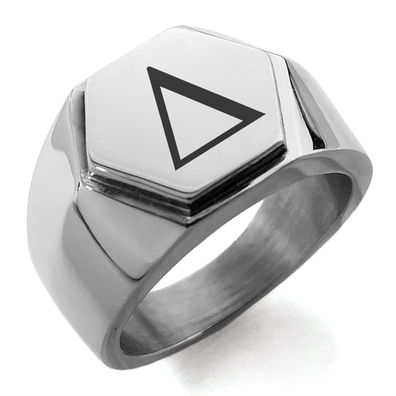 Stainless Steel Delta Mathematical Engraved Hexagon Crest Flat Top Biker Style Polished Ring